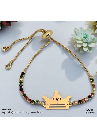 Nisan Ayı Doğumlarına Taç Motifli 14 Ayar Altın Plakalı Renkli Taş Desenli Hediye Bileklik-489ay Nisan