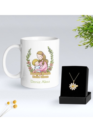 Bk Gift Kişiye Özel Anneler Günü Tasarımlı Beyaz Kupa Ve Papatya Kolye Hediye Seti - 6, Anneler Günü Hediyeleri, Anneye Hediye Kobitmeyencom30517 Bk G
