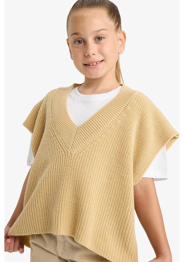 Defacto Kız Çocuk Oversize Geniş Kalıp V Yaka Triko Süveter F2625a825aubn300 Kahve