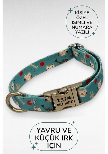 Caramelos İsimli Köpek Tasması, Yavru Köpek Tasması, Küçük Irk Köpek Tasması, Metal Kilit, 1,5 Cm Açık Mavi