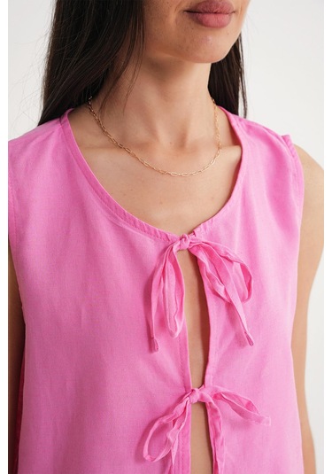 4717 Kadın Önü Bağcıklı Fırfırlı Kolsuz Keten Bluz Pembe Pembe
