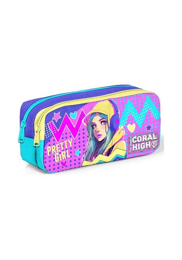 Coral High Kids Lavanta Turkuaz Kulaklıklı Kız Desenli İki Bölmeli Kalem Çantası 12071