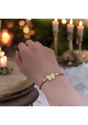 Gül İsmine Özel 14 Ayar Altın Plakalı Turuncu Derili Kelebek Motifli Hediye Bileklik-502isim Gül