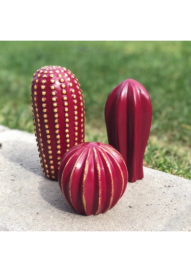 Thiramis Homeconcept Dekoratif 3'lü Kaktüs Bordo Gold Detay
