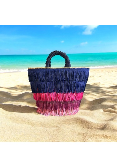 Hasır Çanta, Plaj Çantası, Tasarım Çanta, Renkli Püsküllü El Çantası Lacivert