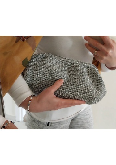 Parlak Tutmalı El Çantaları , El Yapımı Işıltılı Clutch, Örgü El Çantası Açık Gri
