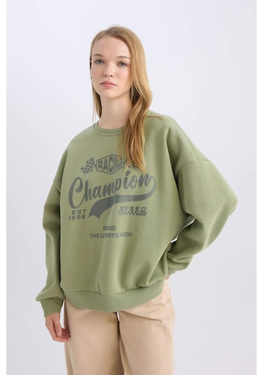 Defacto Coool Oversize Geniş Kalıp Bisiklet Yaka Baskılı Kalın Sweatshirt D5384AX24AUKH461 Haki