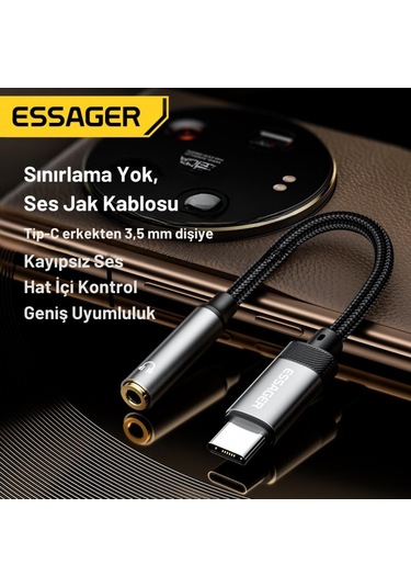 Essager 15cm Type C To 3.5mm Aux Kulaklık Ses Dönüştürücü Adaptör, Hifi Ses Destekli Aux Çevirici