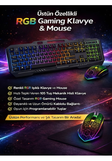 Mekanik Rgb Oyuncu Klavye Mouse Seti 105 Tuş Led Işıklı Kablolu Gaming Klavye Siyah Diğer