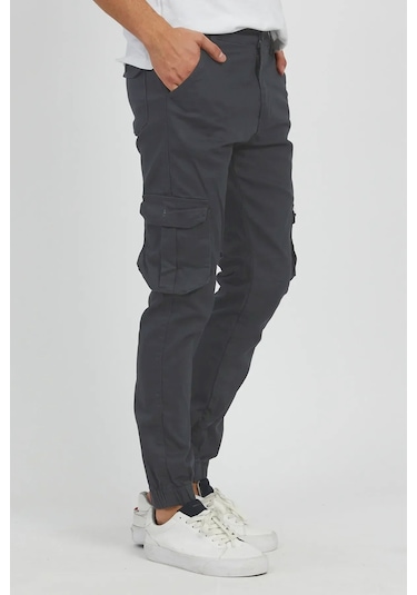 Erkek Kargo Jogger Pantolon Rahat Kesim Lastikli Paça Füme