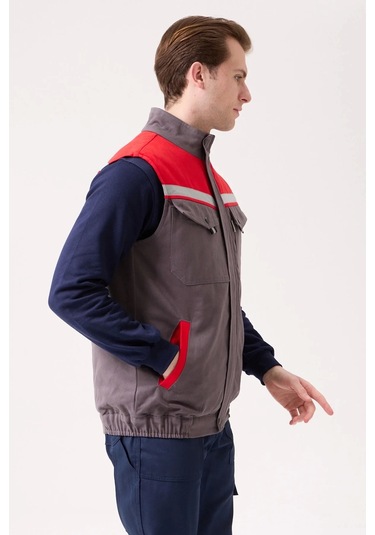 Kışlık İş Yeleği Grikırmızı Gabardin Çok Cepli Royal Sıcak Tutucu Rüzgar Geçirmez Reflektörlü Gri-kırmızı