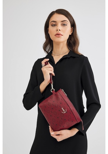 Deri Company Kadın Basic Clutch Çanta Monogram Desenli Logolu Bordo Siyah (4010B) 214009 Bordo - Siyah