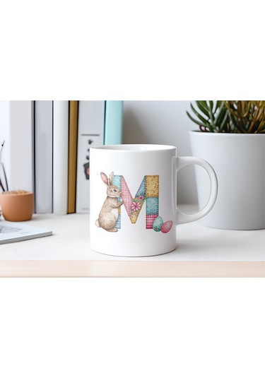 M Harfli Tavşan Kupa - Patchwork / Yamalı Desenli İsme Özel Kupa - Pastel Vintage Tarz Hediyelik 07 Beyaz
