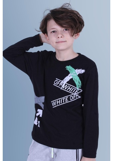 X Baskılı Uzun Kollu Erkek Çocuk Siyah Sweatshirt Siyah