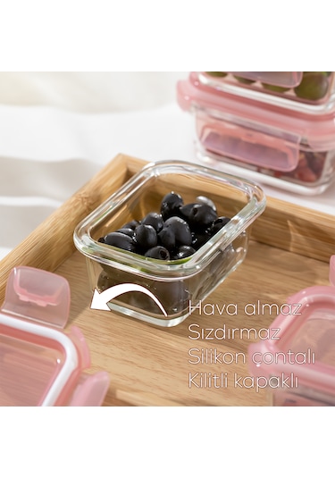 Porsima 4375 3lü Kilitli Sızdırmaz Kapaklı Yiyecek Erzak Saklama Kabı Seti - Cam Saklama Kabı - 150ml Pudra Pudra