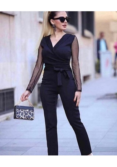 Krep Kumaş Kol Tül Puan Detaylı Kuşaklı Tulum 141 Cm Siyah