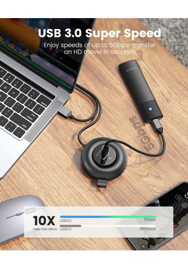 Orıco Uzatılmış 180 Cm Kablolu Usb C Hub, 4 Usb 3.0 Veri