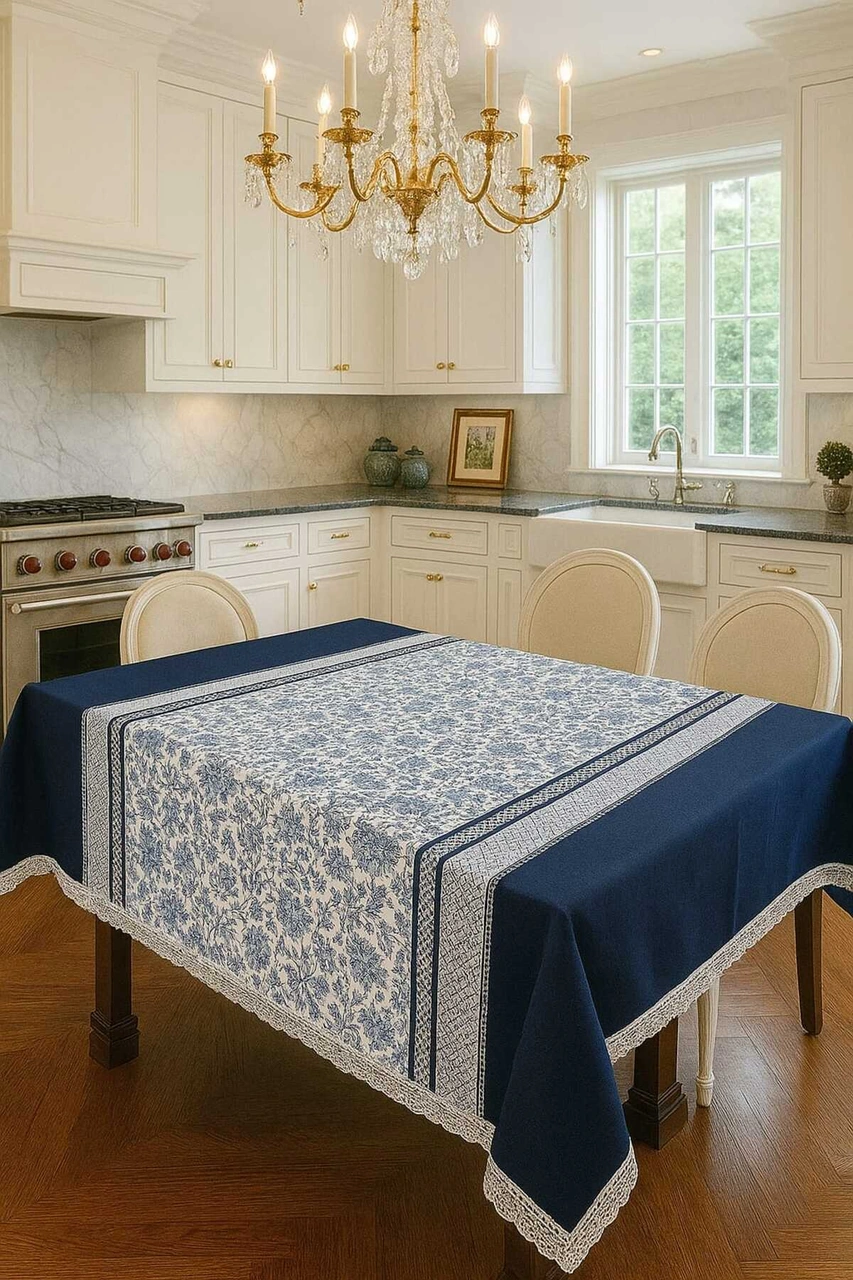 Lüks Mavi Beyaz Çiçek Desenli Masa Örtüsü Dantel Detaylı Şık Ev Dekoratif Sofra Örtüsü Lacivert