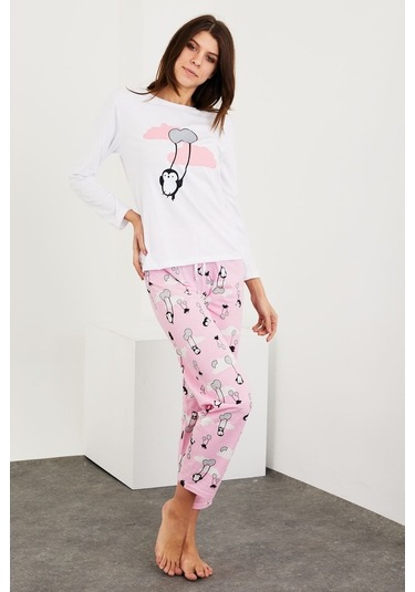 Gimer - Baskılı Uzun Kol Pijama Takım - Ece3702G Beyaz