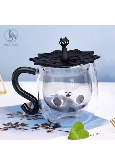 Createtech Çift Duvar Cam Kedi Şekli Bardağ Kaşık Fincan Seti Şeffaf, Kapaklı, Ev Ofis Şeffaf