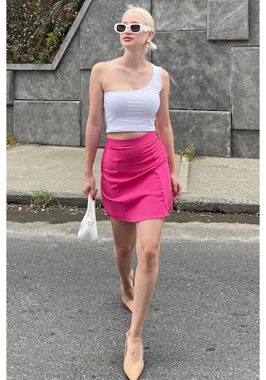 Madmext Pembe Yüksek Bel Önden Yırtmaçlı Kısa Etek Mg2086 Pembe