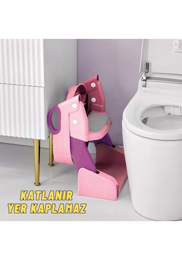 Çocuk Tuvalet Eğitimi Katlanır Klozet Adaptörü ve Lazımlık Pembe