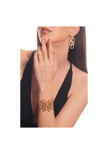 Kadın Mat Altın Kaplama Oval Formlu Tasarım Küpe & Bileklik & Yüzük Seti Altın