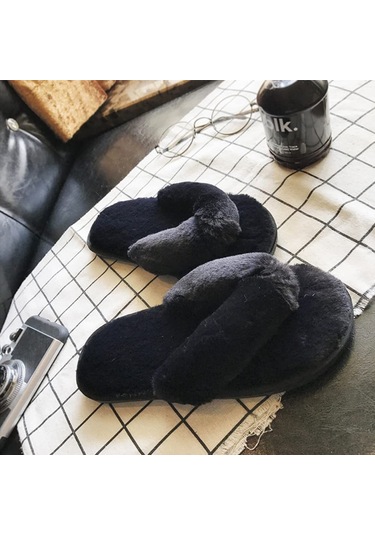 Reedark 2024 Kadın Ev Terliği - Yumuşak Tavşan Tüyü, Kaymaz Tabanlı Siyah Sıcak Ayakkabı Siyah