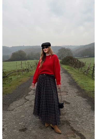 Siyah Şifon Ekoseli Etek - 0613 Siyah