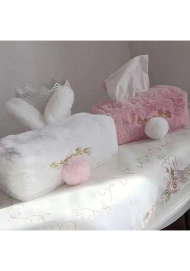 Pembe Kare-kawaii Doku Kapak Sevimli Pembe Peluş Tavşan Dokular Saklama Kutusu Tiki Kız Ev Dekorasyon Hediye Tuvalet Kağıdı Tutucu Peçete Kılıfı