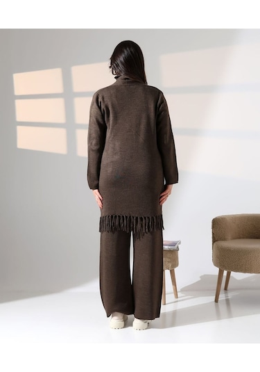 Bohem Şıklık Püskül Detaylı Üçlü Triko Takım Kahverengi