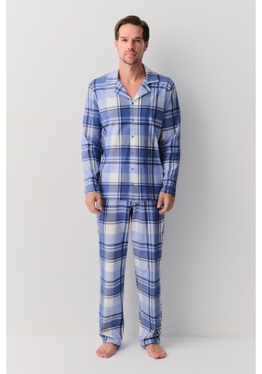Suwen Sam Erkek Maskülen Pijama Takımı Sh26301660b375 Mavi Ekoseli