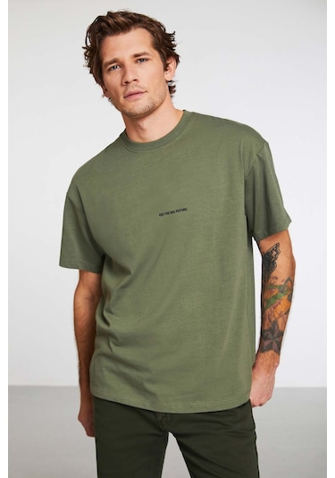 Rıver Erkek Nakış Işlemeli Oversize %100 Organik Pamuk Örme Haki T-shirt