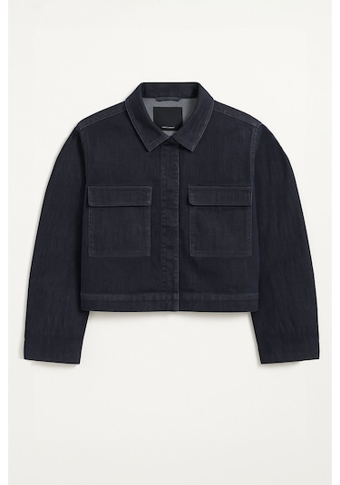 Kadın Cepli Oversize Lacivert Denim Ceket Gömlek Lacıvert