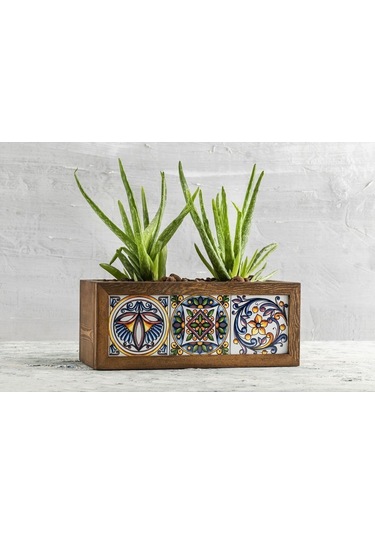 Halohope El Yapımı 3 Meksika Çinili Dekoratif Modern Ahşap Dikdörtgen Bahçe Balkon Saksı Saksılık Çiçeklik
