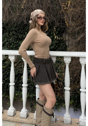 Saks Yarım Balıkçı Şardonlu Fitilli Bluz Sütlü Kahve