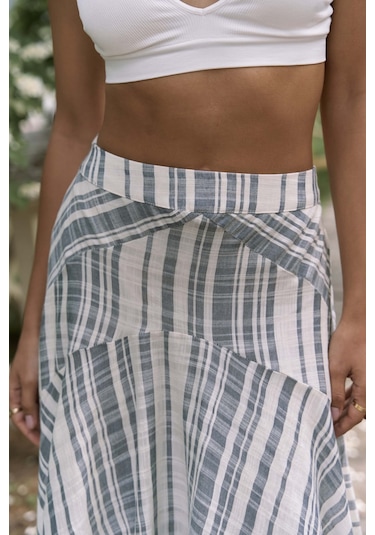 Peigi Çizgili Parçalı İndigo Midi Etek İndigo