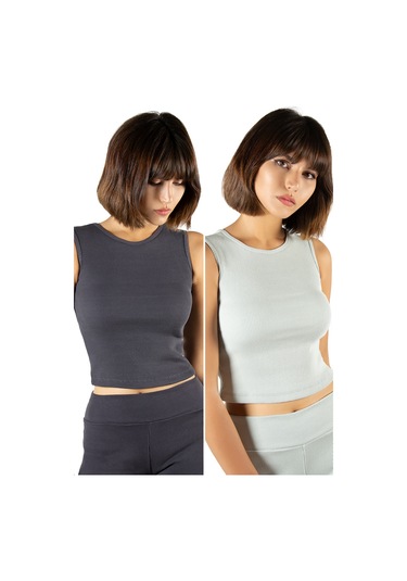 2'li Paket Antrasit Yeşil Fitted/vücuda Oturan Crop Halter Yaka Fitilli Esnek Örme Bluz Atlet Antrasit-yeşil