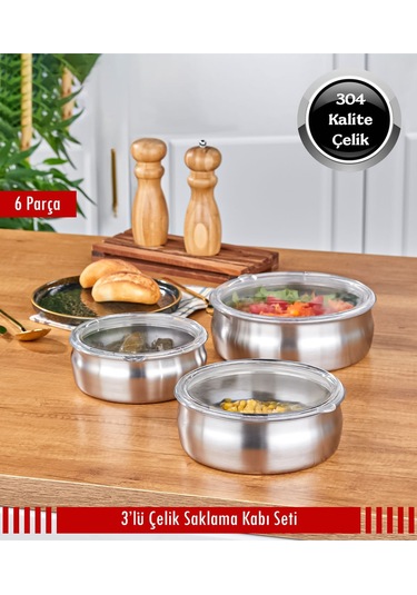Steel&More 3 Lü Çelik Güveç Model Saklama Kabı 6 Parça Gri