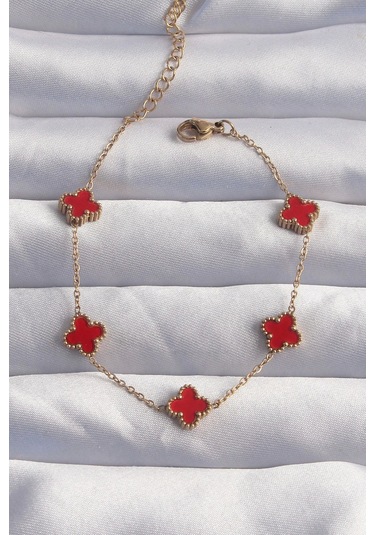 316l Çelik Baby Boy Gold Renk Kırmızı Mineli Yonca Bileklik