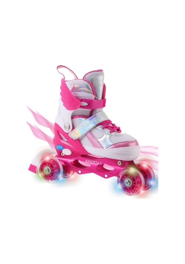 Melek Kanatlı Işıklı Çocuk Pateni Silikon Teker Ayarlanabilir Paten Taşıma Çantalı Fuşya Koyu Pembe