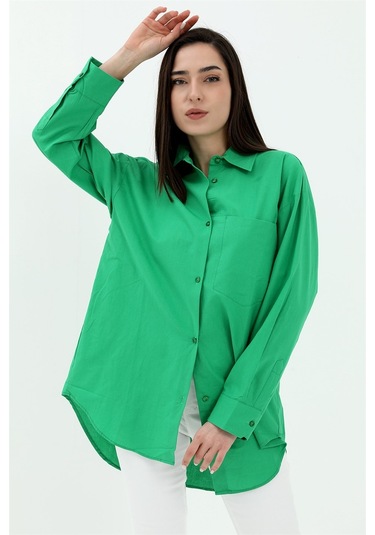 Tek Cepli Kolları Katlı Oversize Kalın Keten Gömlek - Yeşil-yeşil Yeşil