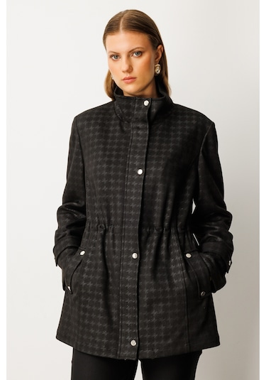 Ekol Kadın Büyük Beden Beli Lastikli Kazayağı Desenli Trenç 7541 Siyah Siyah