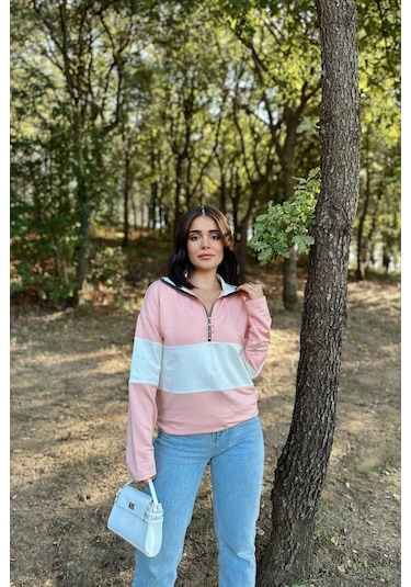 WeShaya Kadın Pembe Uzun Kol, Dik Yaka, Fermuarlı, Double Color Block Basic Sweatshirt Bluz Pembe