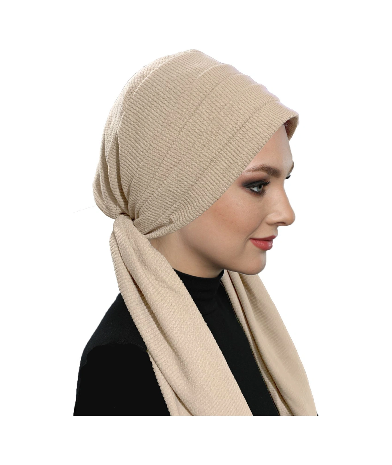 Fitilli Penye Bağlama Bej Hazır Türban Tesettür Bone Bej