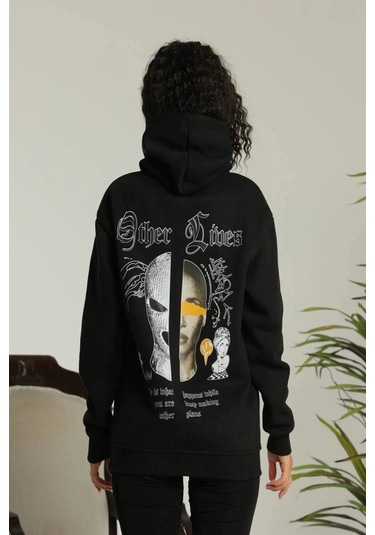 Mbb E-ticaret Kadın Oversize Kapüşonlu Cepli Baskılı 3 İplik Pamuklu Hoodie Sweatshirt - Siyah