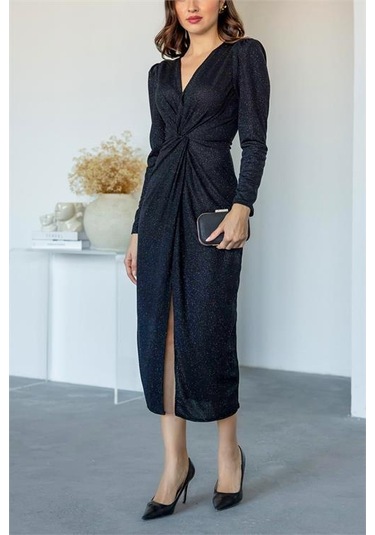 Kadın Büzgü Detaylı Simli Gece Elbisesi Dpnbmy3633 Siyah