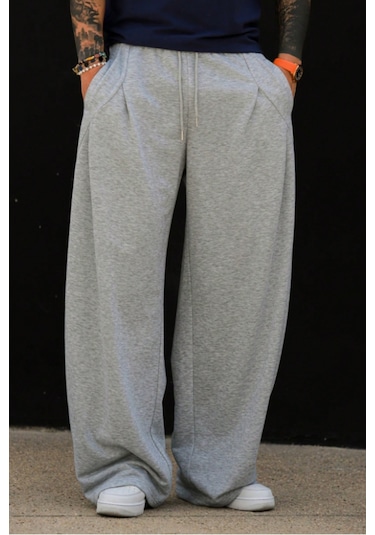 Tarz Cool Erkek Oversize Eşofman Altı Bağcıklı Rahat Kalıp Günlük Basic Jogger Pantolon Gri