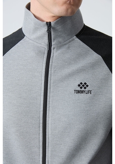 Tommy Life Gri Melanj - Siyah Dik Yaka Çift Renk Rahat Form Klasik Paça Erkek Eşofman Takımı - 85113 Gri - Siyah