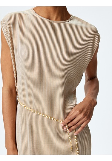 Koton Kemer Detaylı Yuvarlak Yaka Kolsuz Piliseli Uzun Elbise Altın 5sak80009uk Altın Rengi Altın